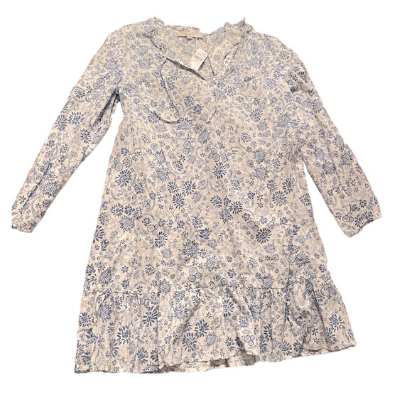 LOFT Blue White Floral Ruffle Long Sleeve Mini Dress NWT Size Medium - Picture 1 of 7